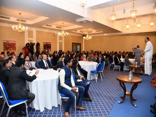 Vice President M Venkaiah Naidu addressing Indian community in Vilnius on Monday 
