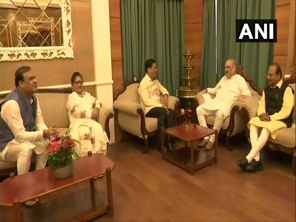 Union Home Minister Amit Shah meets CM Sonowal and Governor Mukhi on Monday. Photo/ANI