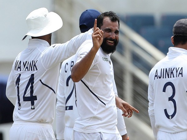 Mohammad Shami celebrates after taking Rahkeem Cornwall’s wicket (Photo/ BCCI Twitter)