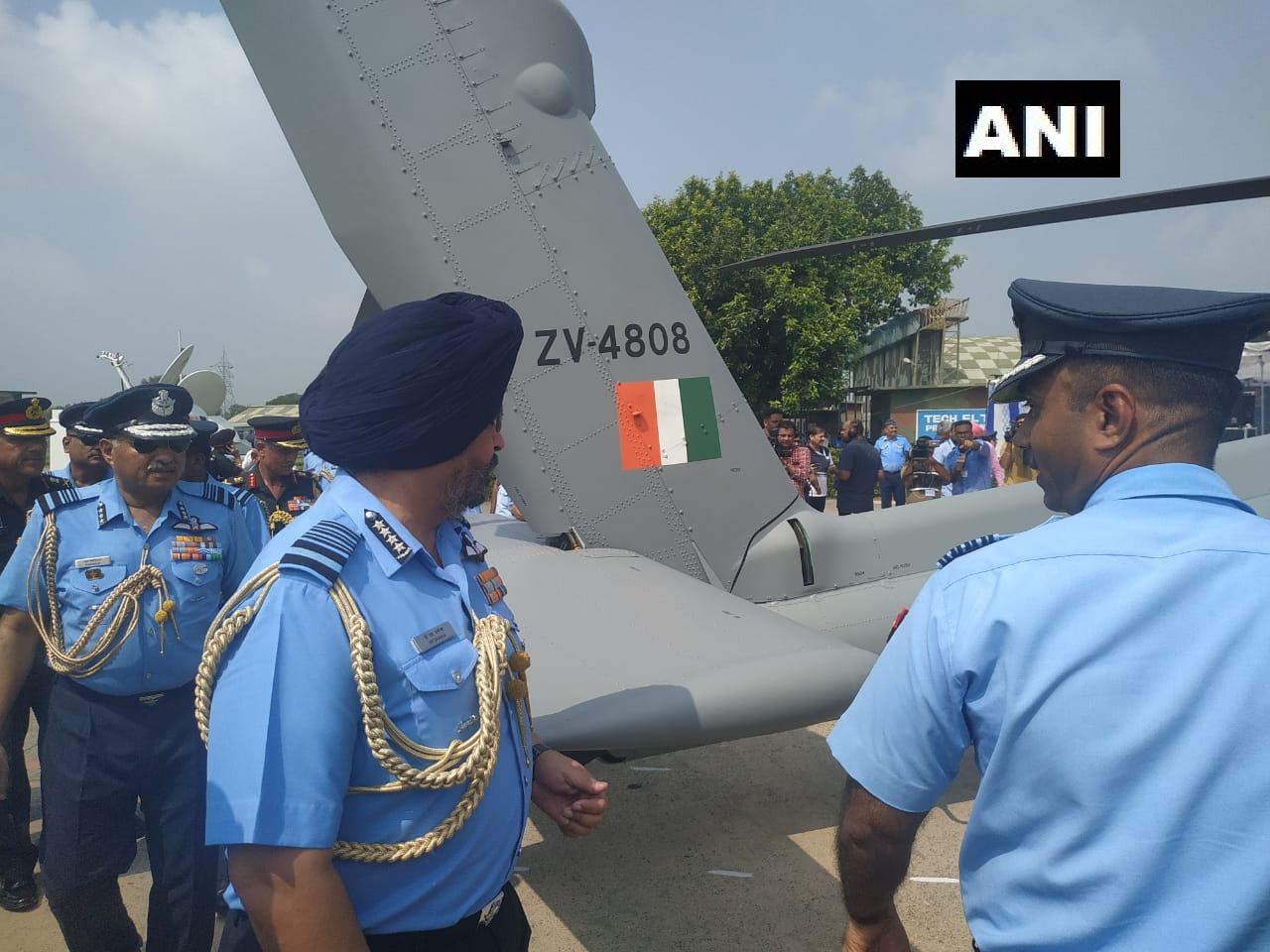 IAF Chief BS Dhanoa and Air Marshal R Nambiar inspecting the Apache 64E choppers. Photo/ANI