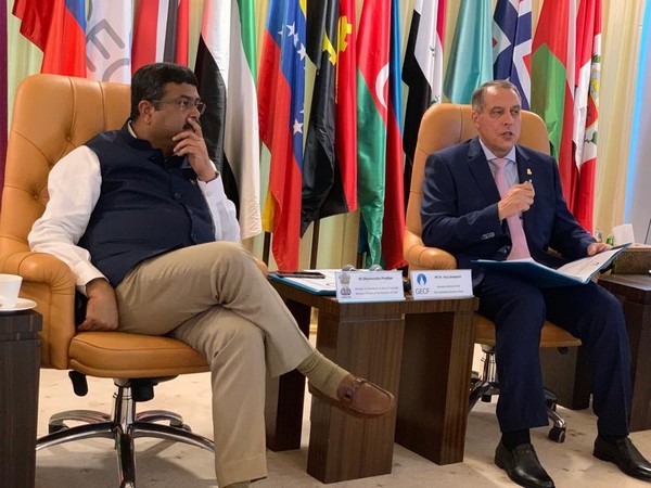 Petroleum and Natural Gas Minister Dharmendra Pradhan with Secretary-General of the of GECF Yury P. Sentyurin in Doha on Thursday. (Photo Credits: Dharmendra Pradhan's Twitter)