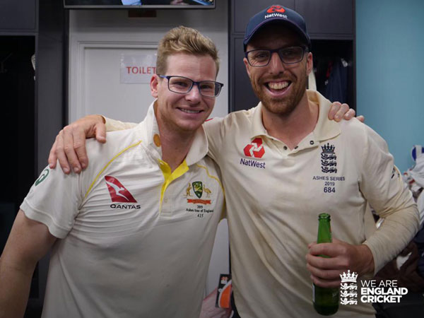 Australia's Steve Smith with England's Jack Leach (Photo/ England Cricket Twitter)