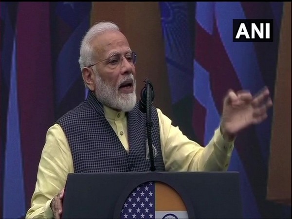 Prime Minister Narendra Modi addressing public at Houston on Sunday. Photo/ANI