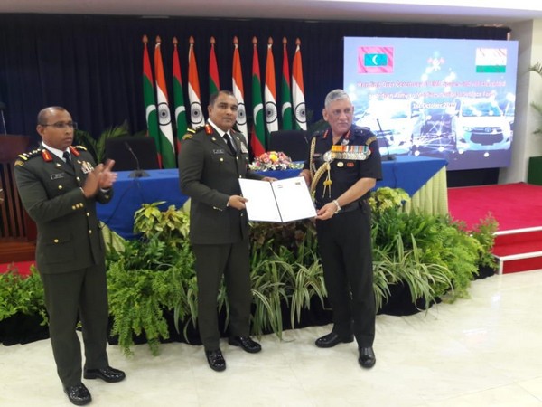 Army Chief General Bipin Rawat handed over vehicles and various military spares to Major General Abdulla Shamaal, Chief of Defence Force, MNDF on Tuesday. Photo/ANI