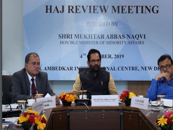 Union Minister for Minority Affairs Mukhtar Abbas Naqvi chairs review meeting to take stock of preparations for next Hajj on Friday. Photo/ANI