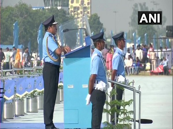 Air Force Chief RKS Bhadauria during his address at the Air Force Day parade. Photo/ANI