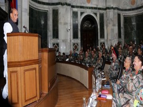 Defence Minister Rajnath Singh addressing the Army Commanders in New Delhi on Friday. (Picture tweeted by Defence Minister_