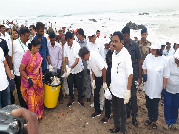 Union Minister Mansukh L Mandaviya during beach cleaning drive in Vizag on Friday. Photo/Twitter
