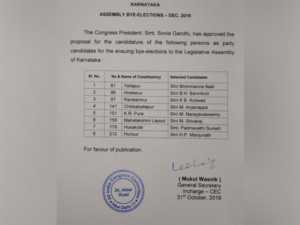 Congress releases list of 8 candidates for Karnataka bypolls.