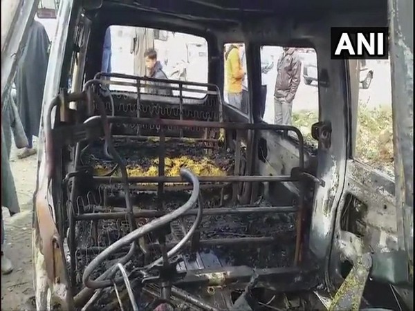 Jammu and Kashmir: Two vehicles were set ablaze by terrorists in Kulgam last night. Photo/ANI