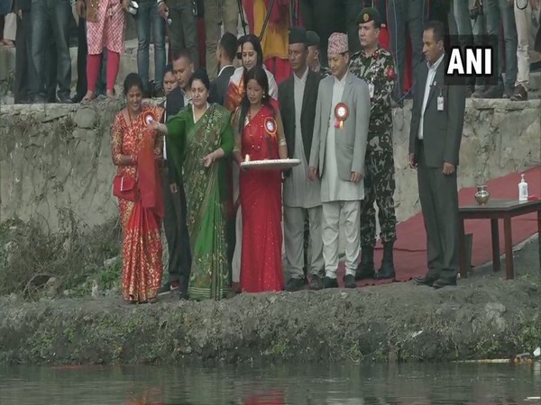 Nepal: President Bidhya Devi Bhandari performed rituals during Chhathpuja  in Kathmandu on Sunday. Photo/ANI