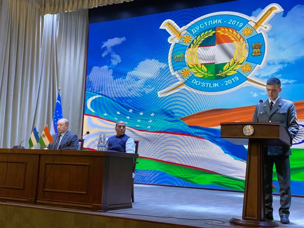 Defence Minister Rajnath Singh attends curtain raiser of Dustlik-2019 in Tashkent on Sunday. (Picture courtesy: Defence Ministry Twitter)