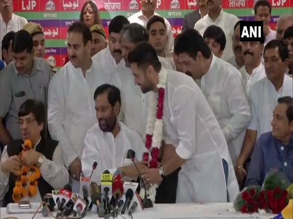 LJP founder Ram Vilas Paswan with newly-elected party chief Chirag Paswan in New Delhi on Tuesday. Photo/ANI