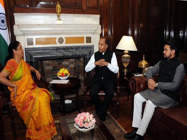Finance Minister Nirmala Sitharaman with Himachal CM Jai Ram Thakur and Union Minister Anurag Thakur on Thursday