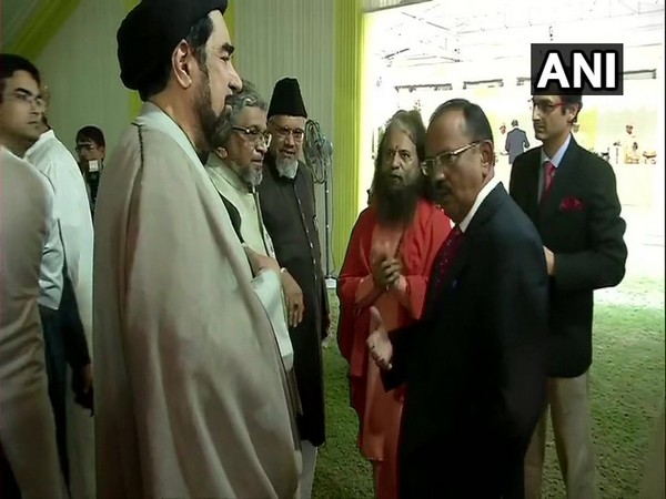 Shia cleric Maulana Kalbe Jawad, Swami Chidanand Saraswati and others with National Security Advisor Ajit Doval at his residence in New Delhi on Sunday during inter-religious faith meet. Photo/ANI