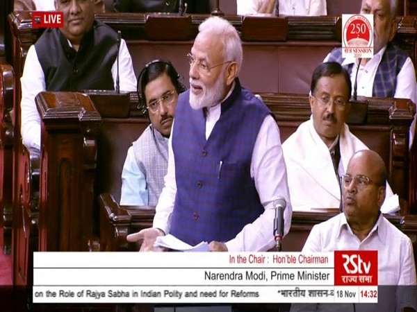 Prime Minister Narendra Modi speaking in Rajya Sabha on Monday. (Photo Credits: RSTV)