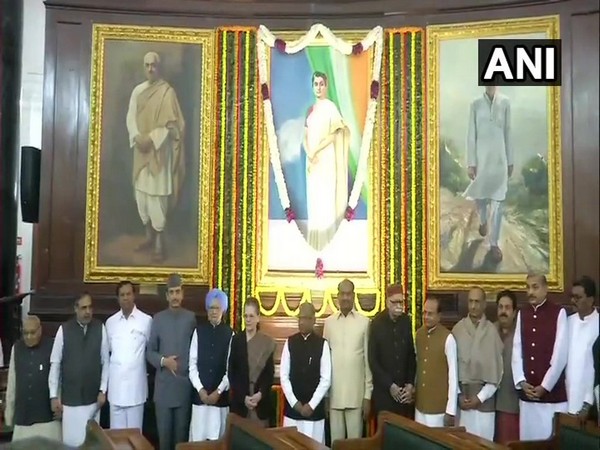 Senior BJP and Congress leaders pay respect to former Prime Minister Indira Gandhi in the Parliament on Tuesday. Photo/ANI