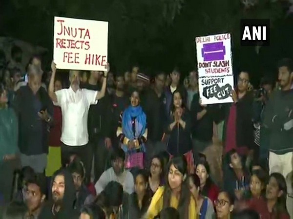 JNU students and teachers during their protest inside the campus on Tuesday. Photo/ANI