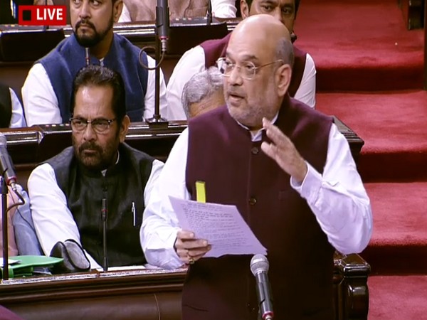 Home Minister Amit Shah speaking in Rajya Sabha on Tuesday. Photo/RSTV