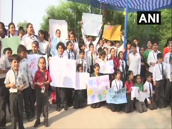 Visuals of DPS students protesting against the cancellation of affiliation by CBSE on Wednesday. Photo/ANI