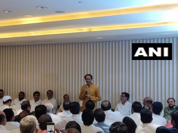 Shiv Sena chief Uddhav Thackeray addressing the joint meeting of Shiv Sena, NCP, Congress MLAs on Tuesday. Photo/ANI