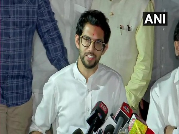 Shiv Sena leader Aaditya Thackeray addressing media on Tuesday in Mumbai. Photo/ANI