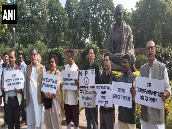 Congress MPs from northeast and Naga People's Front MPs, protest in Parliament premises against Citizenship Amendment Bill. [Photo/ANI]