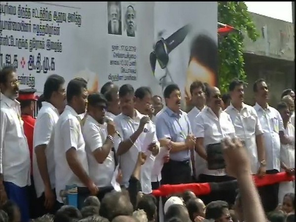 A visual from the DMK protest in Chennai on Tuesday. Photo/ANI