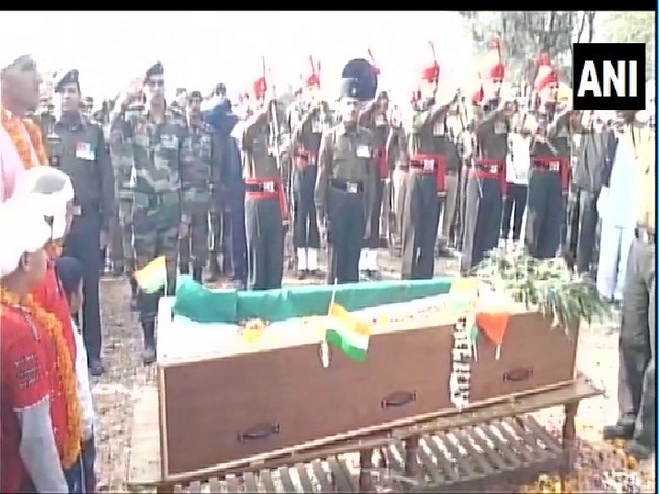 The final rites of soldier Rajendra Kumar being performed in Jhunjhunu, Rajasthan on Saturday.