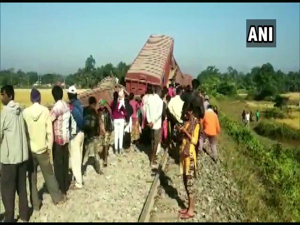 The derailed goods train at Dibrugarh district of Assam on Sunday.