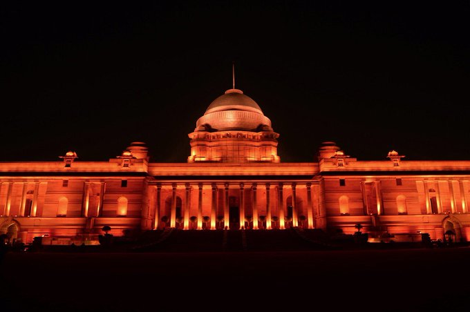 Rashtrapati Bhavan decked up in orange lights on Tuesday evening.
