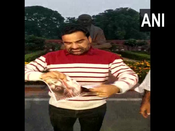Lok Sabha MP Hanuman Beniwal tearing the posters of the film 'Panipat' at the Parliament on Tuesday.