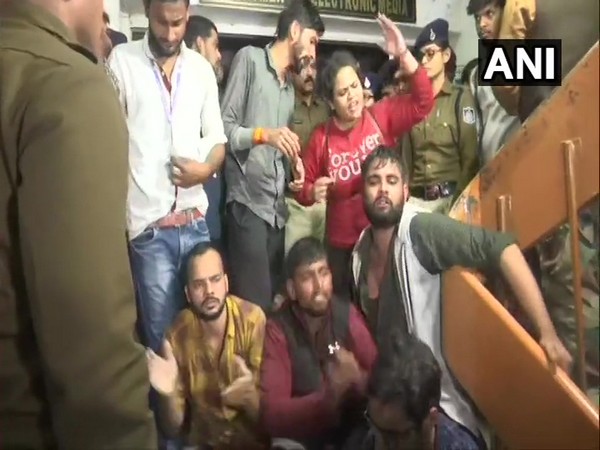 Students protesting at varsity campus in Bhopal on Friday. Photo/ANI