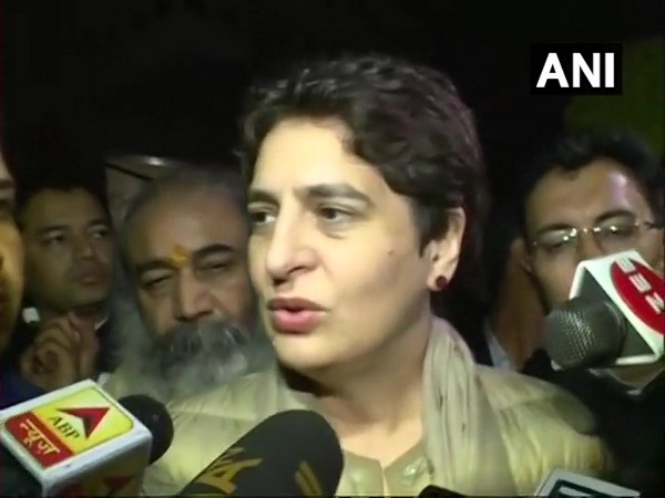 Congress leader Priyanka Gandhi Vadra speaking to reporters on Saturday. Photo/ANI