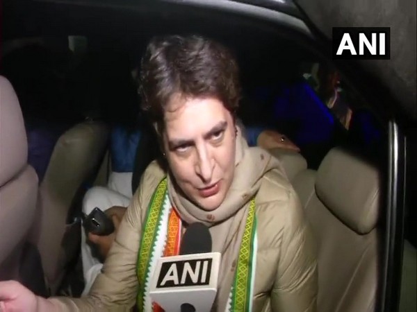 Congress leader Priyanka Gandhi Vadra speaking to media persons in Lucknow on Saturday. Photo/ANI
