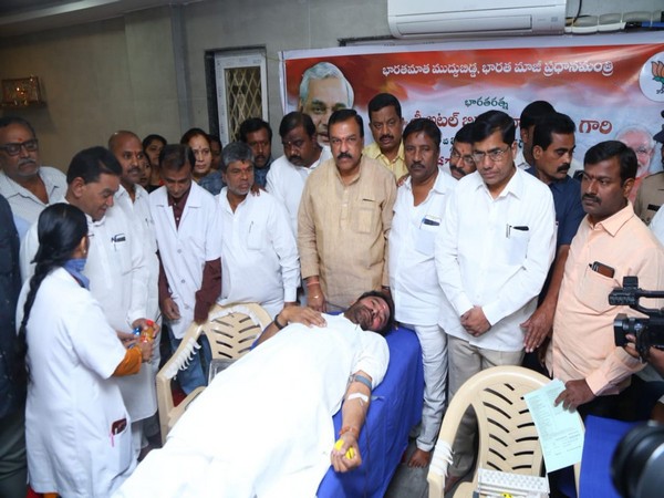Kishan Reddy donated blood at a camp in Hyderabad on Sunday (Photo tweeted by G Kishan Reddy)