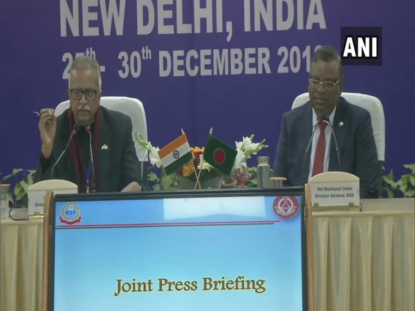 BSF DG Vivek Johri and Director General of Border Guards Bangladesh (BGB) Shafeenul Islam during a joint press conference in New Delhi on Sunday. Photo/ANI