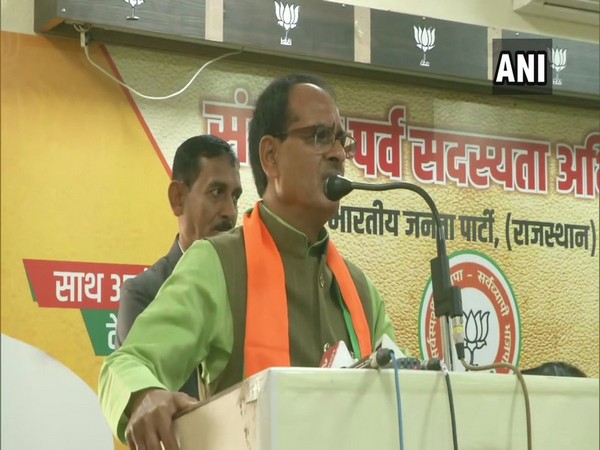 BJP leader Shivraj Singh Chouhan speaking at an event in Jainpur on Monday. Photo/ANI