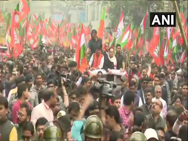 BJP working president JP Nadda and party general secretary in-charge of West Bengal Kailash Vijayvargiya at a march in support of Citizenship Act in Kolkata on Monday.