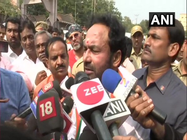 Union Minister of State for Home Affairs G Kishan Reddy talking to reporters in Hyderabad, Telangana on Monday. Photo/ANI