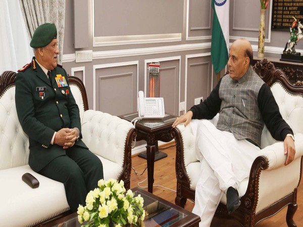 Defence Minister Rajnath Singh meeting CDS General Bipin Rawat at South Block on Wednesday. (Photo/ANI)
