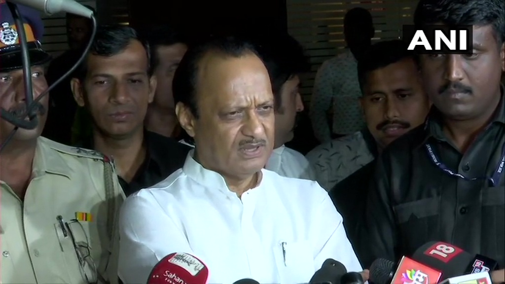 Maharashtra Deputy Chief Minister Ajit Pawar talking to reporters in Mumbai on Wednesday. Photo/ANI