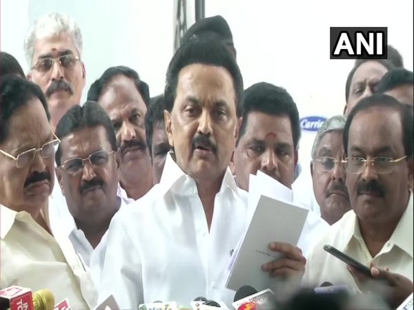 Dravida Munnetra Kazhagam (DMK) chief M K Stalin addressing media persons on Monday (Photo/ANI)