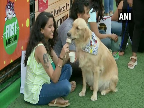 A Pet owner feeds her pet dog at the third edition of Pet Fed Mumbai in Juhu, Maharashtra.
