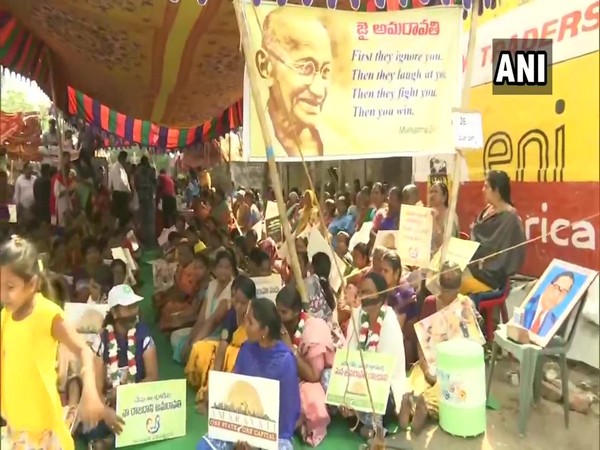 Women staging a demonstration against YSRCP government's three capital proposal in Amaravati on Sunday.