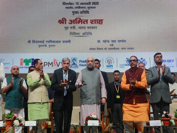 Union Minister Amit Shah laying the foundation stone of the Indian Institute of Skills (IIS) in Ahmedabad on Wednesday. (Photo/ANI)