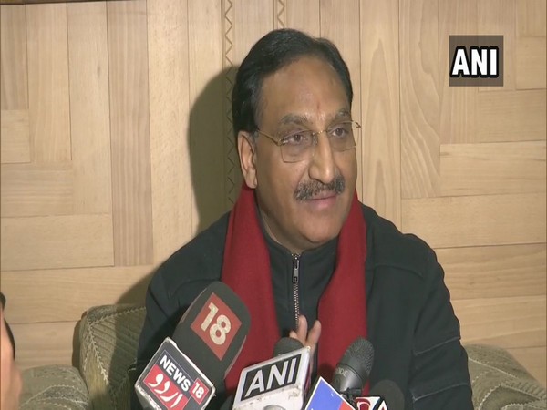Union Minister of Human Resource Development Dr Ramesh Pokhriyal speaking to media in Srinagar on Friday. (Photo/ANI)