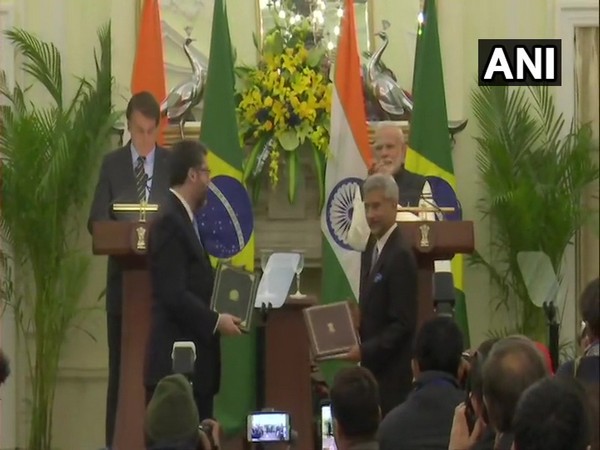 Brazilian President Jair Bolsonaro and Prime Minister Narendra Modi witness exchange of MoUs between two countries in New Delhi on Saturday.