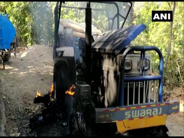 A tractor that was set ablaze in Jharkhand's Bokaro district on Friday.