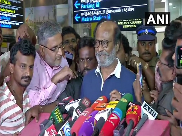 Superstar Rajinikanth speaking to reporters at Chennai airport on Tuesday.